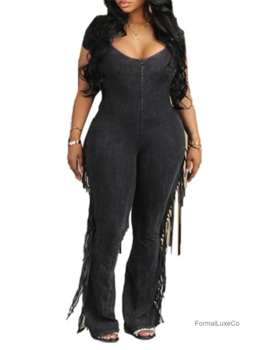 Women's V Neck Bodycon Jumpsuit Fringe Long Romper
